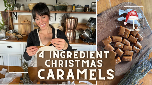 Women pulling apart a piece of homemade caramel. On the left side there is an overhead image of fresh homemade caramels sprinkled with seasalt.